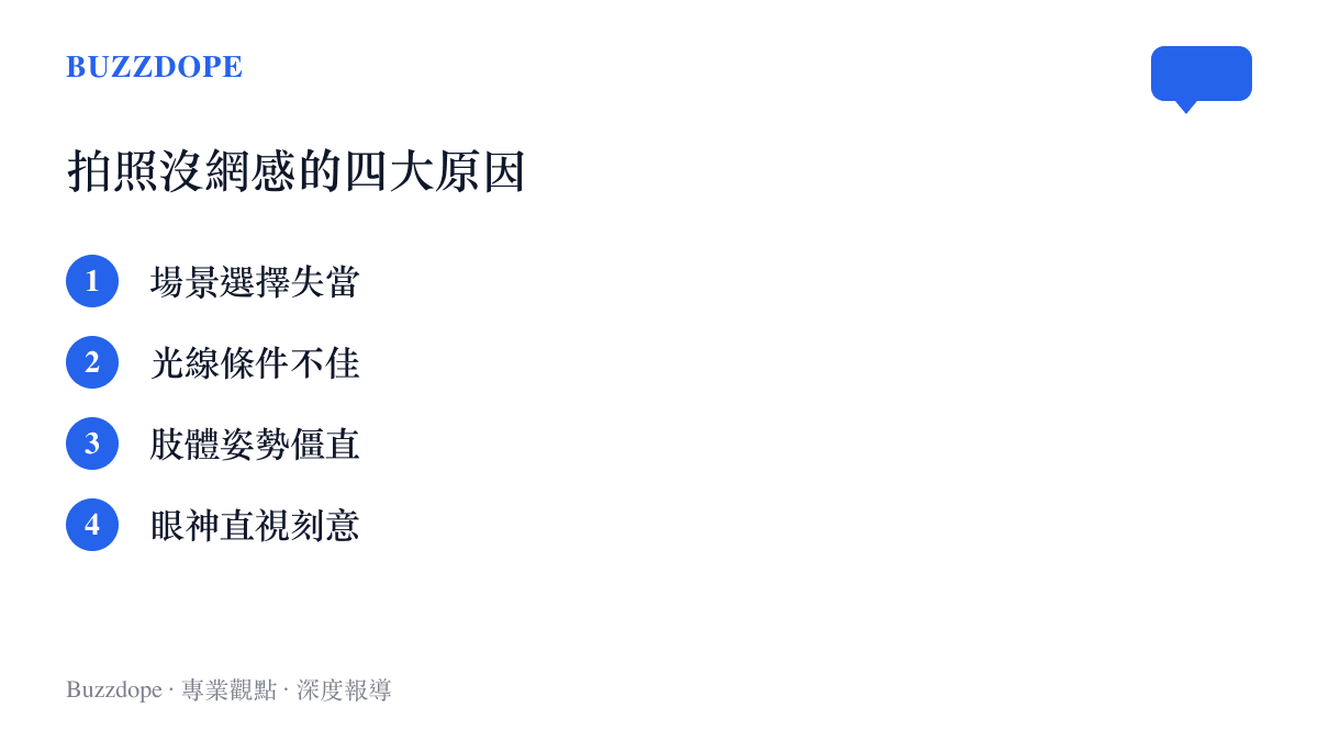 整理微博話題歸納的拍照沒網感四大原因,涵蓋場景、光線、姿勢與眼神四個拍攝判斷環節。
