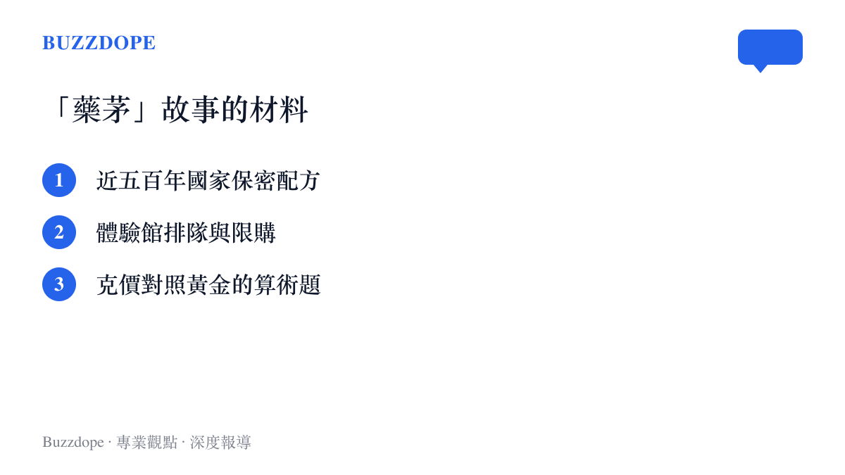 圖中列舉片仔癀被稱作藥茅的三項敘事材料：保密配方、排隊限購與克價對照黃金