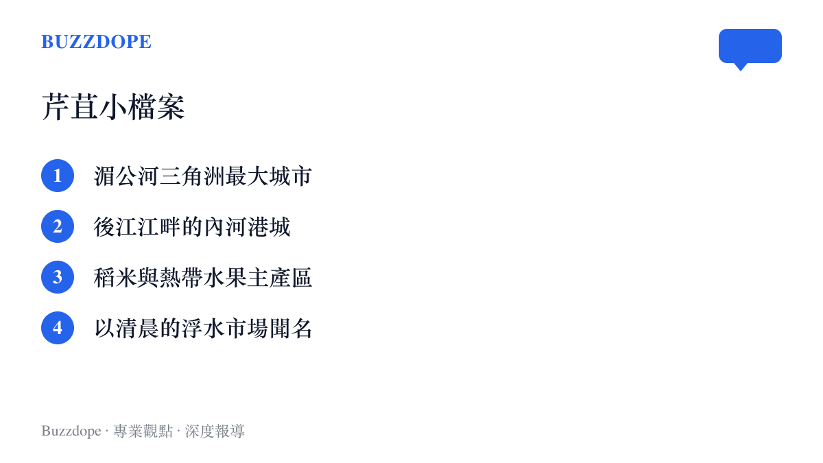 清單圖卡列出芹苴的四項背景資料，包括湄公河三角洲最大城市、後江畔內河港城、稻米與熱帶水果產區，以及清晨浮水市場的城市特色