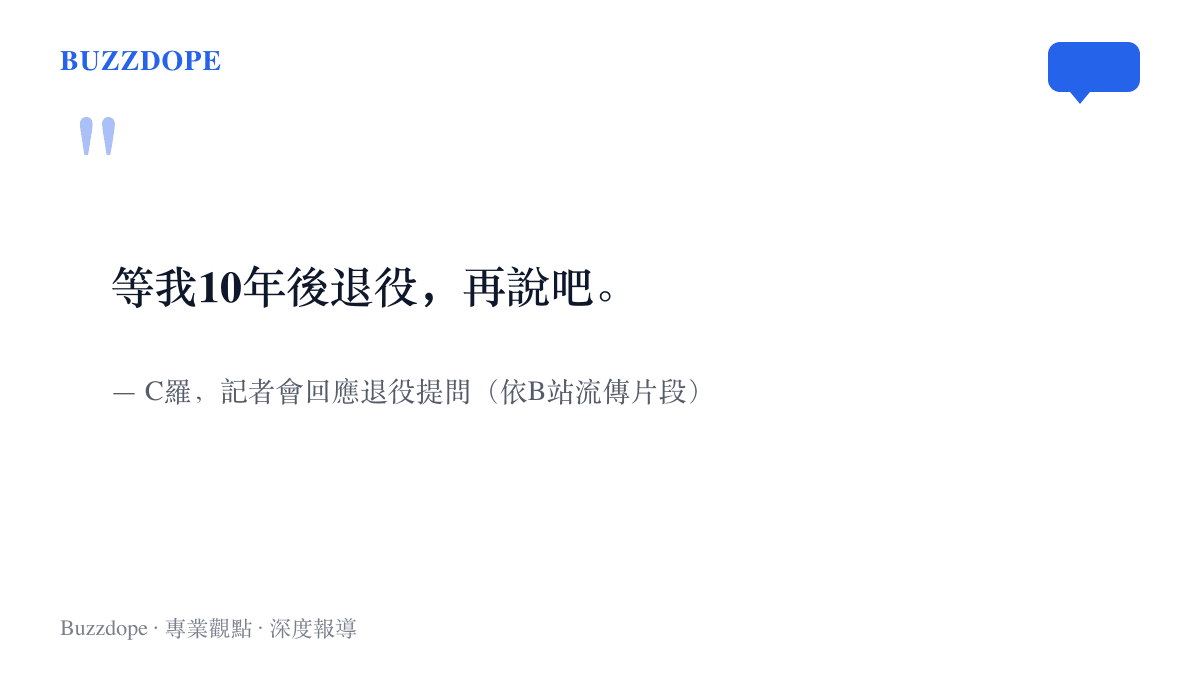 引言圖卡呈現C羅在記者會被問及退役時間時，以等十年後再退役的玩笑回應媒體提問