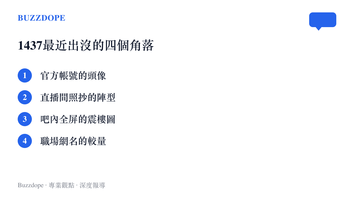 清單圖卡列出1437梗近期出現的四個位置：官方頭像的致敬、直播間照抄大帝陣型、吧友發帖用1437全屏震樓，以及網友拿網名與1437一較高下