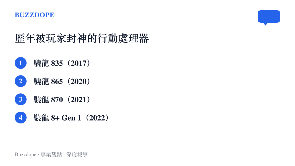 四款曾被玩家封為神U的處理器年份清單：驍龍 835、驍龍 865、驍龍 870 與驍龍 8+ Gen 1