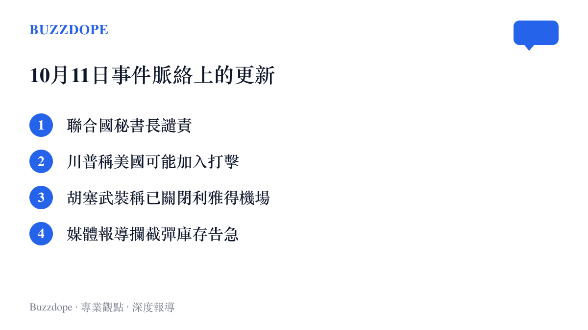 清單圖卡列出中文搜尋平臺事件脈絡在10月11日的四類更新：聯合國祕書長譴責、川普表態美國可能加入打擊行動、胡塞武裝稱已關閉利雅得機場、媒體報導沙烏地防空攔截彈庫存告急