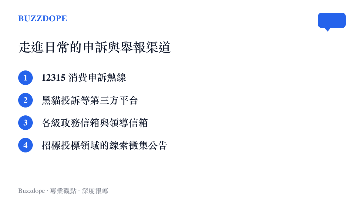 清單圖列出中國網民生活中熟悉的幾種申訴與舉報管道，作為軍隊採購公告的文化對照