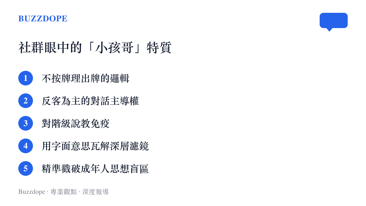 清單圖卡列出農村小孩哥在社羣走紅的五種特質，包含不按牌理出牌與對說教免疫等。