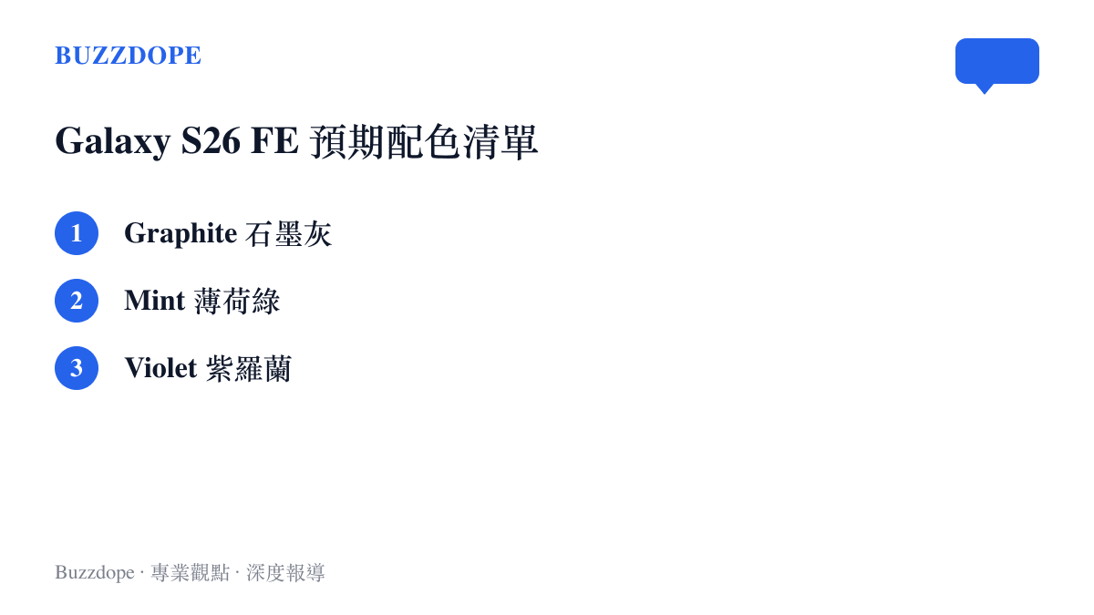 三星 Galaxy S26 FE 預期推出的石墨灰、薄荷綠與紫羅蘭三種機身配色清單