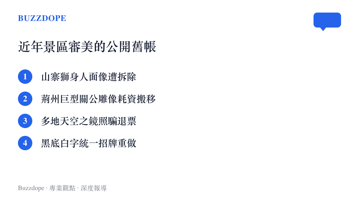 清單圖卡列出近年公開報導過的四起景區審美爭議，包括山寨獅身人面像遭拆除、荊州巨型關公雕像花費逾億元搬移、多地天空之鏡因宣傳落差退票，以及黑底白字統一招牌道歉重做。