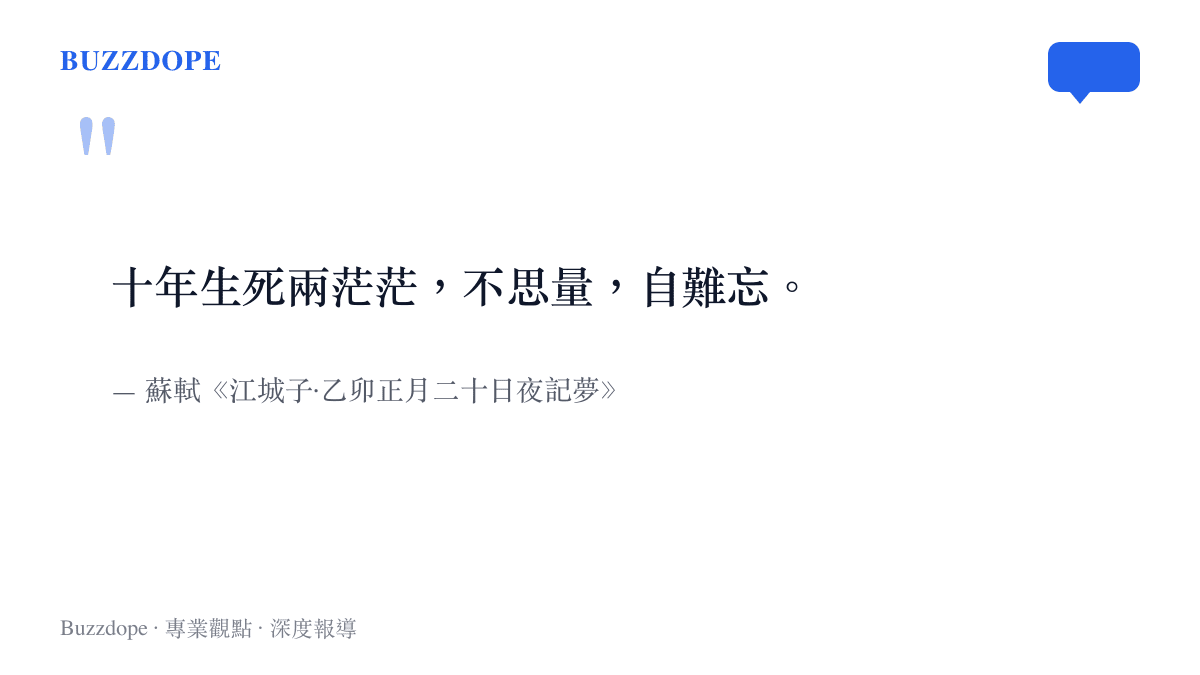 引言圖呈現蘇軾悼念原配王弗的詞句，十年生死兩茫茫不思量自難忘，出自江城子乙卯正月二十日夜記夢