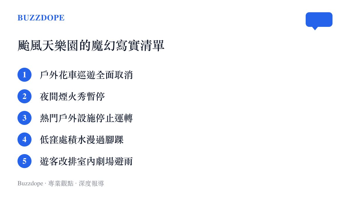 颱風白海豚侵襲期間，上海迪士尼樂園因強降雨導致戶外積水、花車巡遊與煙火秀取消等營運調整清單。