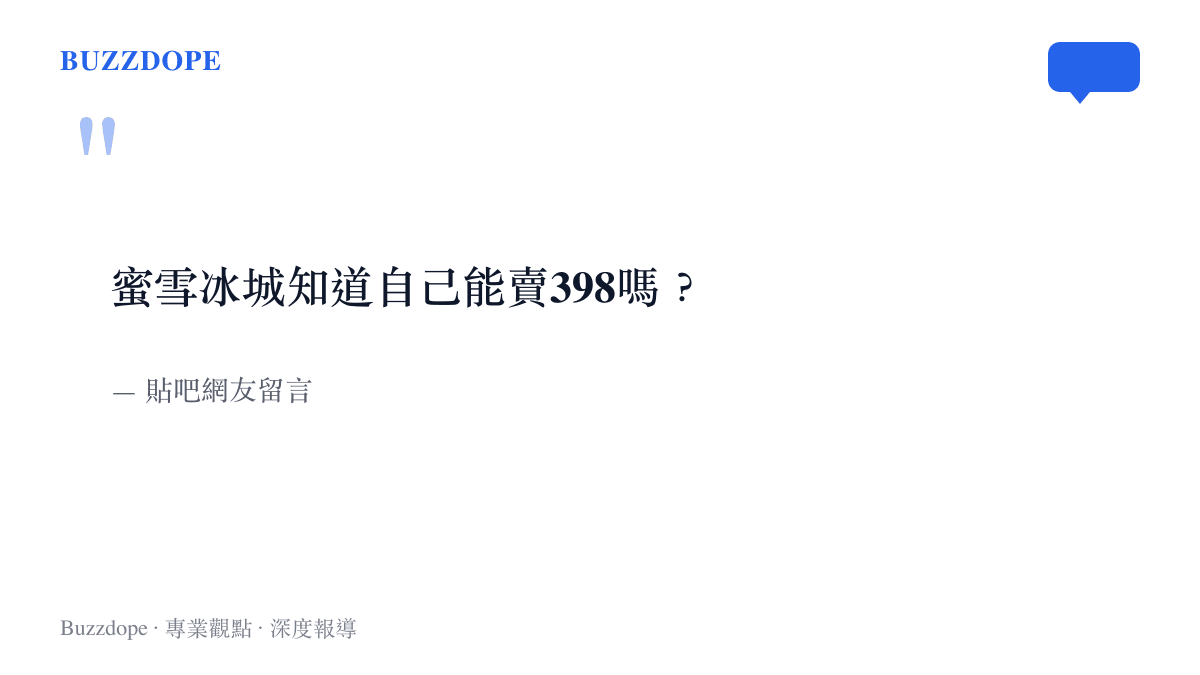 引言圖卡呈現貼吧網友留言蜜雪冰城知道自己能賣398嗎，以平價的雪王反諷網紅餐廳人均四百的定價