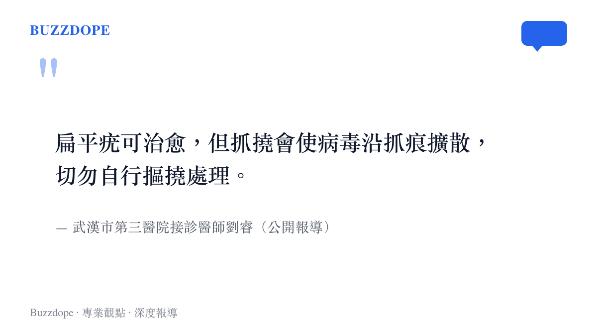 引述武漢市第三醫院醫師劉睿的看診提醒，說明扁平疣可治愈但抓撓會使病毒沿抓痕擴散