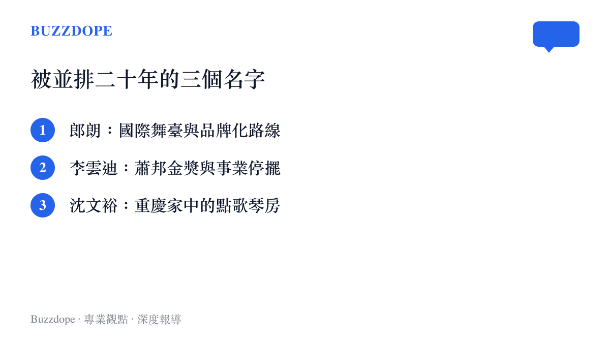 郎朗、李雲迪、沈文裕三個曾被並稱的鋼琴家名字，分別對上國際舞臺與品牌化、蕭邦金獎與事業停擺、居家點歌琴房三種際遇