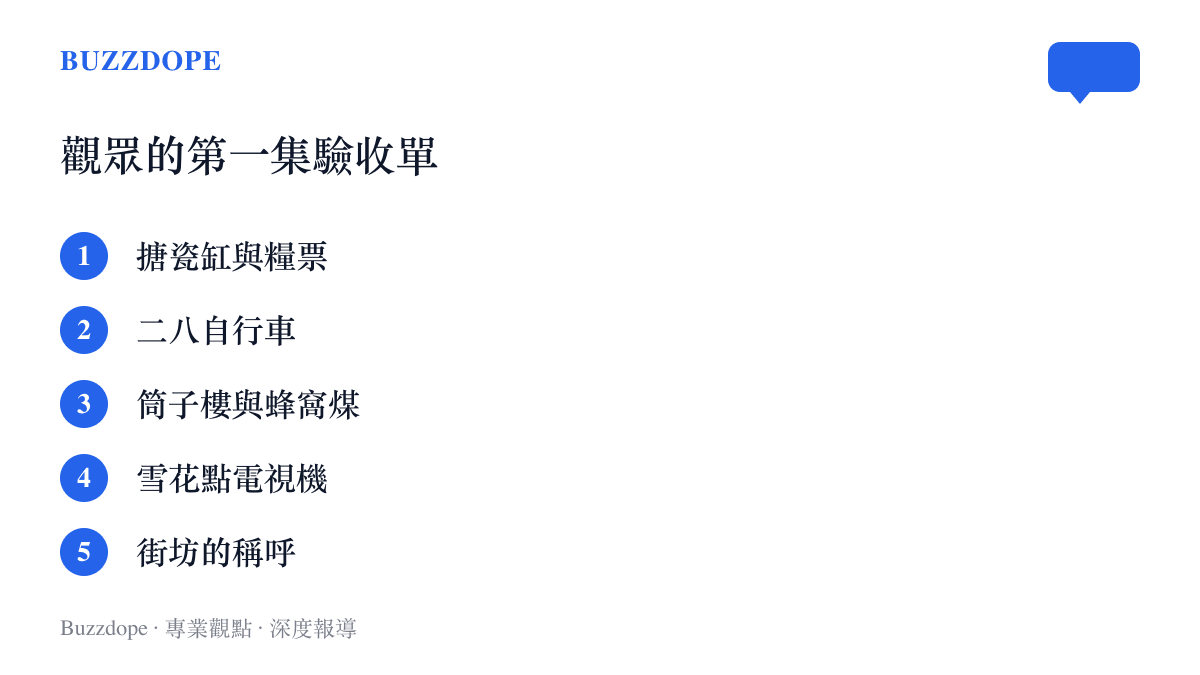 年代劇觀眾檢查第一集的五個細節項目，包括搪瓷缸與糧票、二八自行車、筒子樓與蜂窩煤、雪花點電視機以及街坊之間的稱呼用語