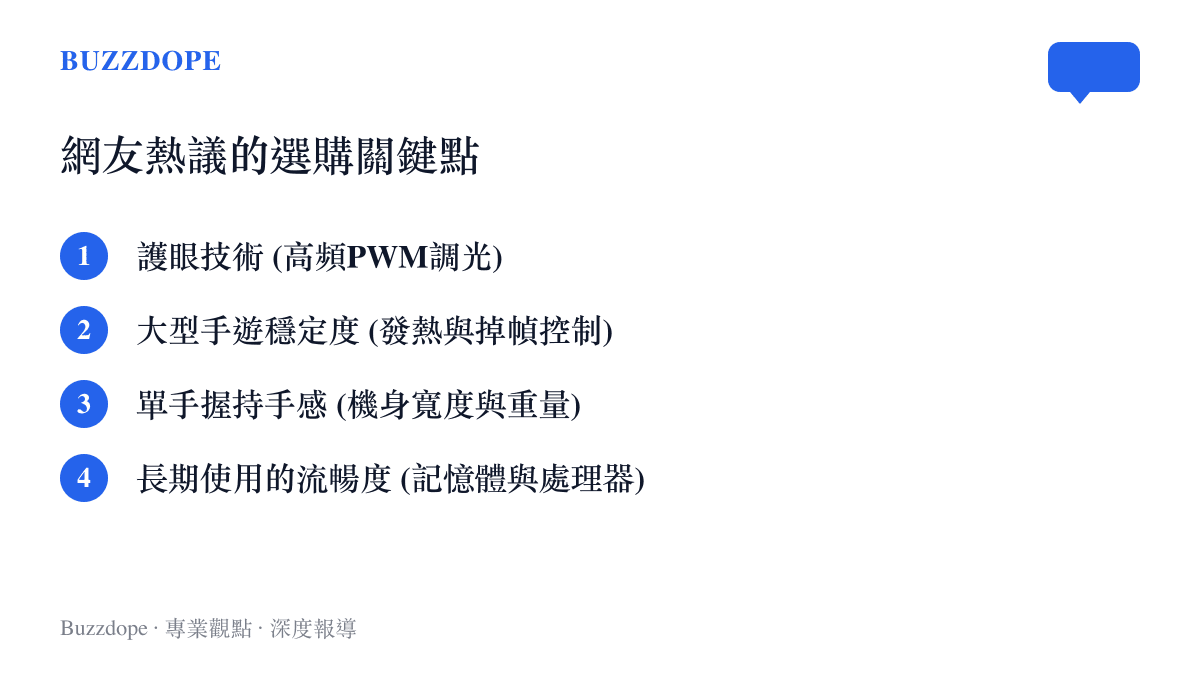 列出網友討論新生挑選手機時最關注的四個關鍵：護眼技術、手遊穩定度、單手握持手感與長期流暢度