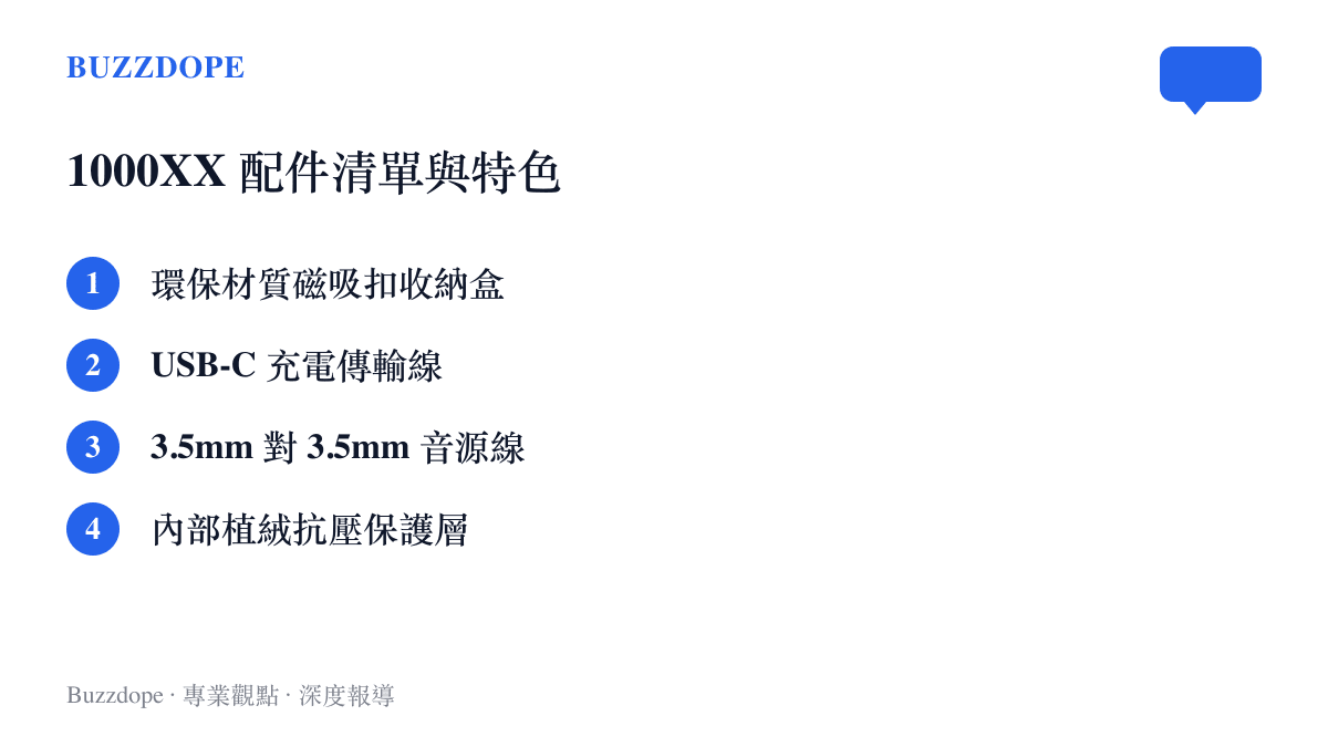 列出索尼 1000XX 耳機隨附的環保收納盒、充電線與音源線等標準配件