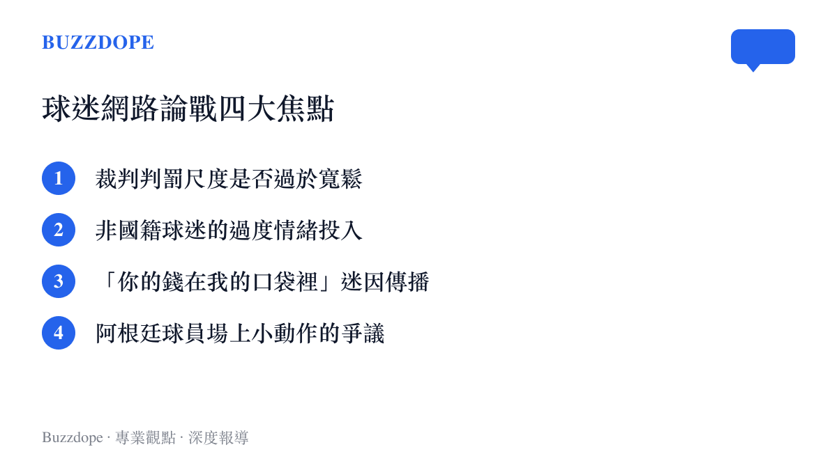 清單圖卡列出西班牙與阿根廷球迷在網路論戰的四大主要焦點，包含裁判判罰與迷因傳播等項目
