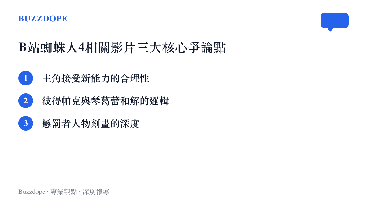 清單圖卡列出B站蜘蛛人4影片中關於角色合理性、跨宇宙角色互動與反派刻畫的三大核心爭論點