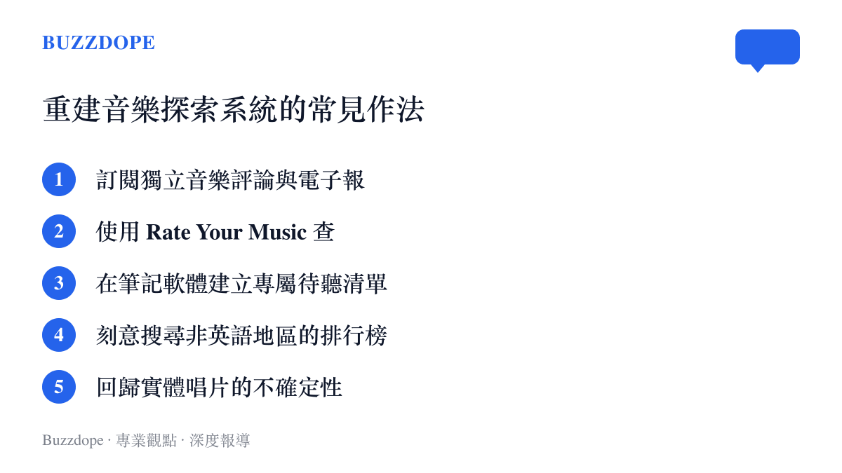 列出樂迷為擺脫演算法控制而常見的五種音樂探索具體行動方案