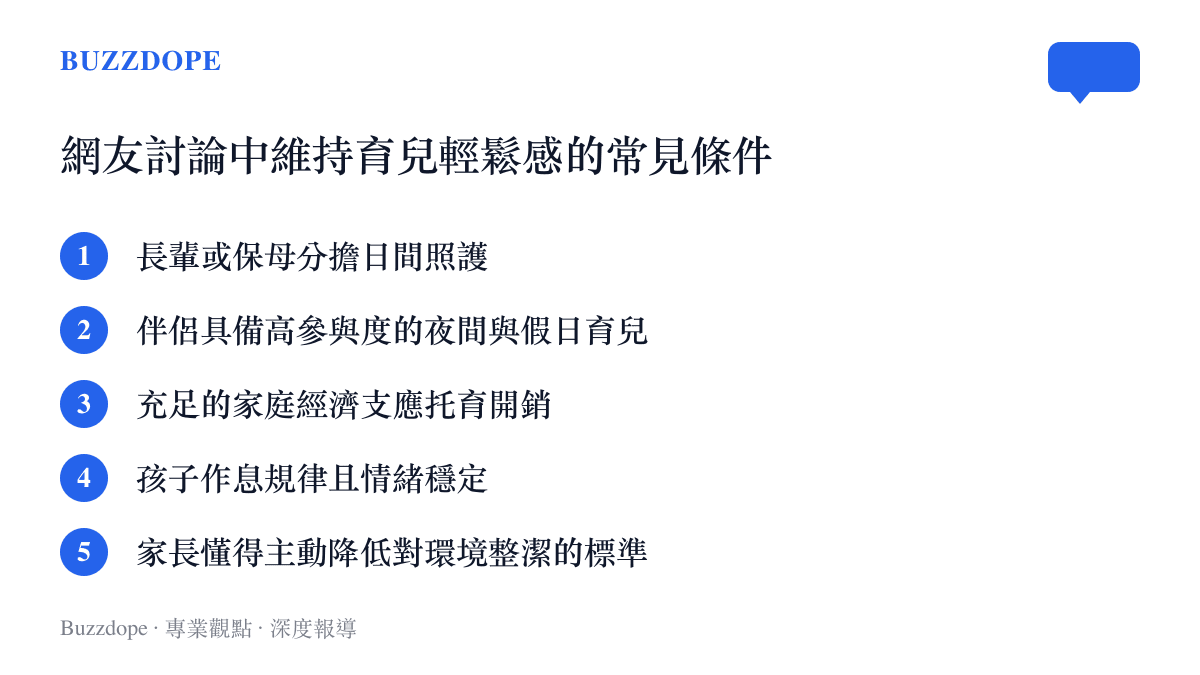 網友列出讓帶孩子變得輕鬆的五項主要前置條件，包括有人分擔照護、經濟支持與孩子作息規律等