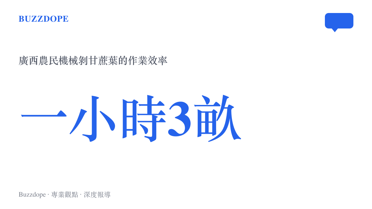 統計圖卡呈現廣西農民使用機械剝甘蔗葉一小時可處理三畝地的驚人效率