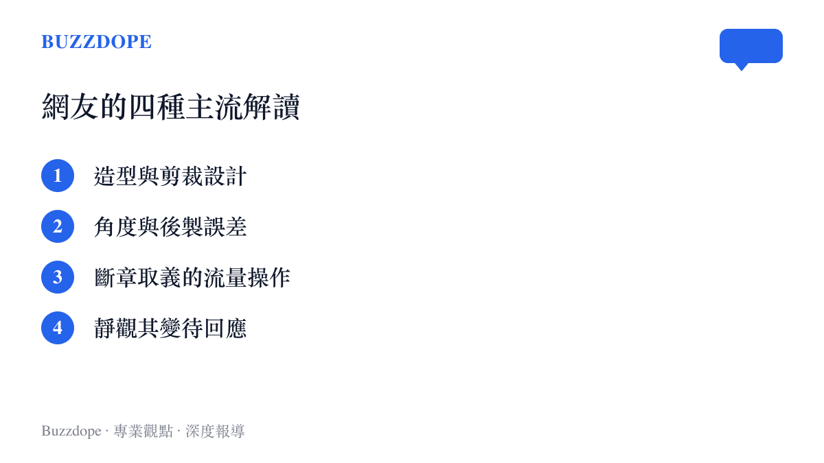 整理網友對孫怡紅毯畫面的造型、角度、流量操作與靜待回應四種主流解讀方向清單。