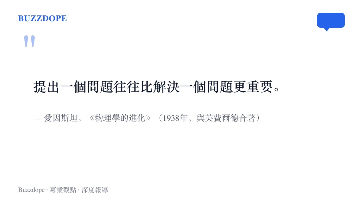引言圖卡呈現愛因斯坦與英費爾德合著的《物理學的進化》一書中的句子，強調提出問題比解決問題更重要