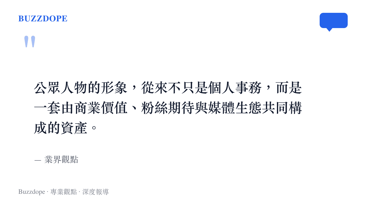 一段關於公眾人物形象是商業價值與媒體生態共同構成資產的引述圖卡