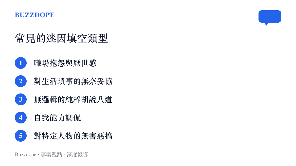 列出包含職場抱怨、生活妥協、純粹胡說八道等五種網友常見的迷因填空類型