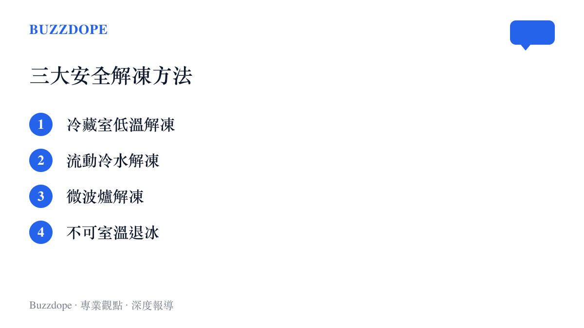 清單列出冷藏室低溫解凍、流動冷水解凍、微波爐解凍等三大安全解凍方法