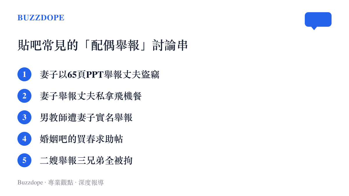 清單列出貼吧上常見的配偶舉報類討論串，包括65頁PPT舉報丈夫盜竊、舉報丈夫拿飛機餐、男教師遭妻子實名舉報、婚姻吧的求助帖，以及二嫂舉報三兄弟的最新事件