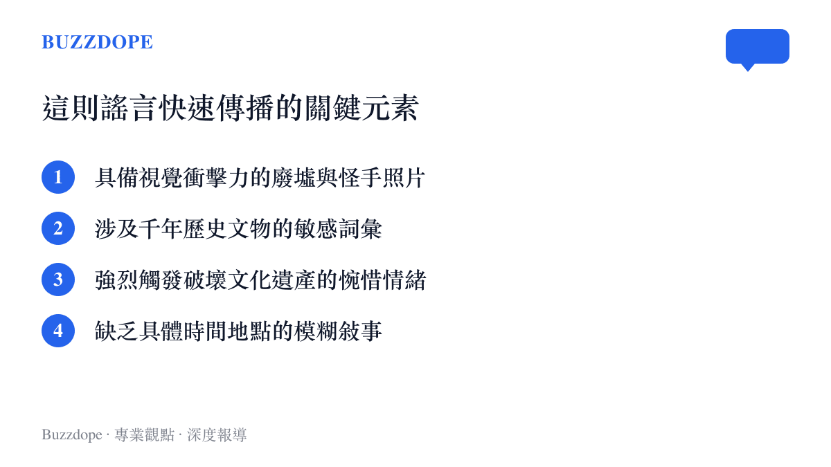 條列這則古碉強拆網路謠言具備的四個快速傳播要素，包含廢墟照片與情緒觸發
