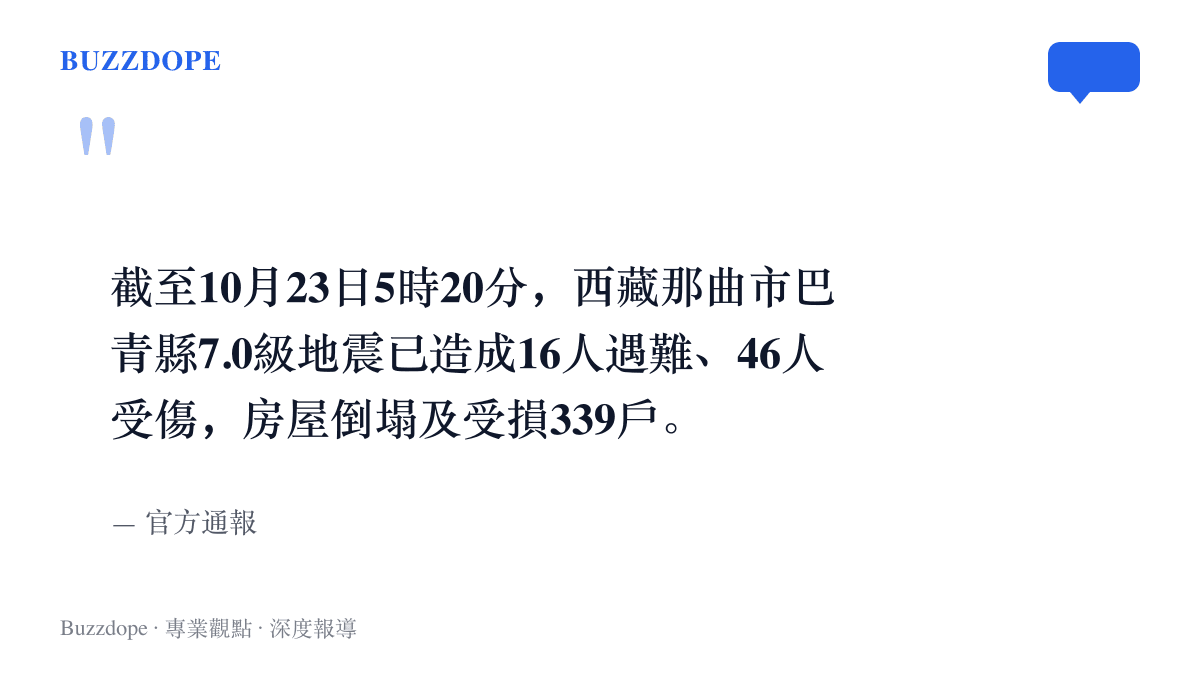 官方通報原文寫明：截至10月23日凌晨5時20分，巴青地震造成16人遇難、46人受傷、339戶房屋倒塌及受損