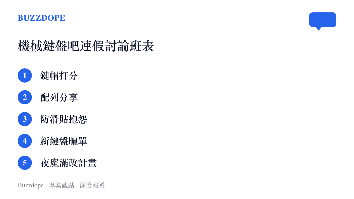 清單圖卡列出國慶連假期間機械鍵盤吧的五種討論主題：鍵帽打分、配列分享、防滑貼抱怨、新鍵盤曬單與夜魔滿改計畫