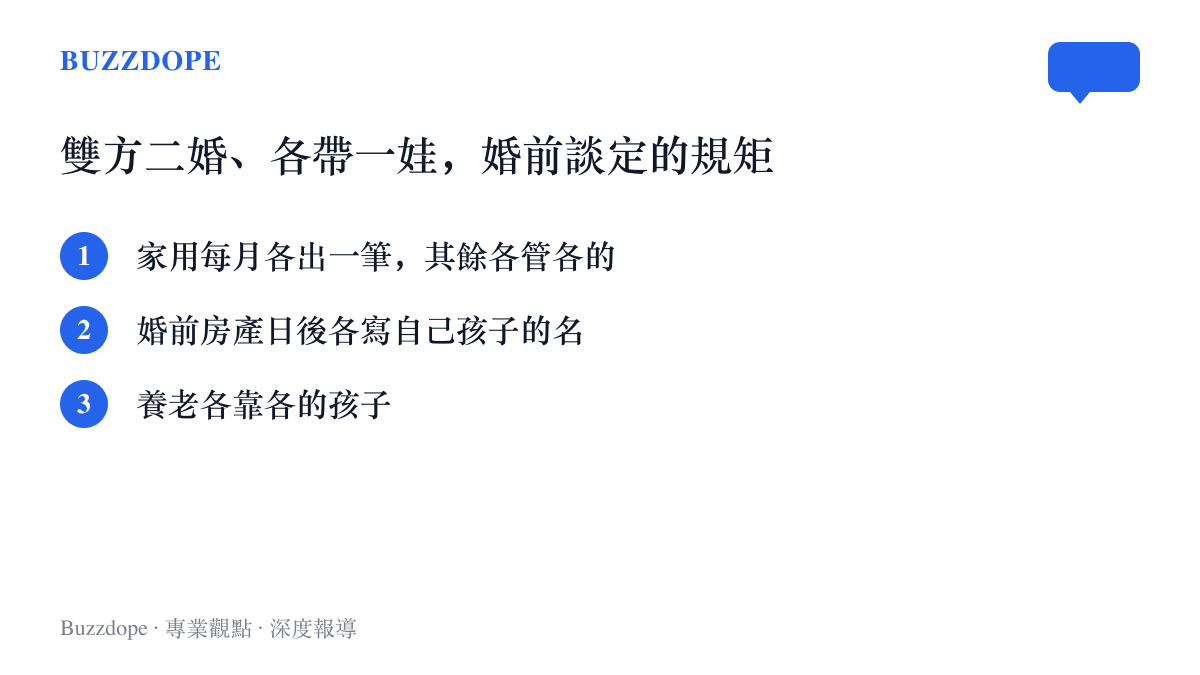 一對二婚且各帶一個孩子的伴侶婚前談定的三項約定，涵蓋家用分擔方式、房產留給各自的孩子與養老依靠安排
