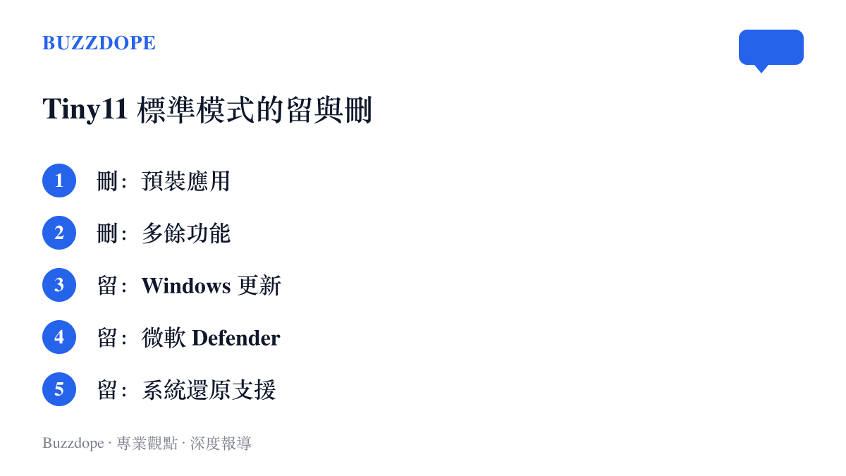 清單列出臺灣繁體中文的五個項目，呈現 Tiny11 標準模式移除預裝應用與多餘功能，同時保留 Windows 更新、微軟 Defender 與系統還原支援