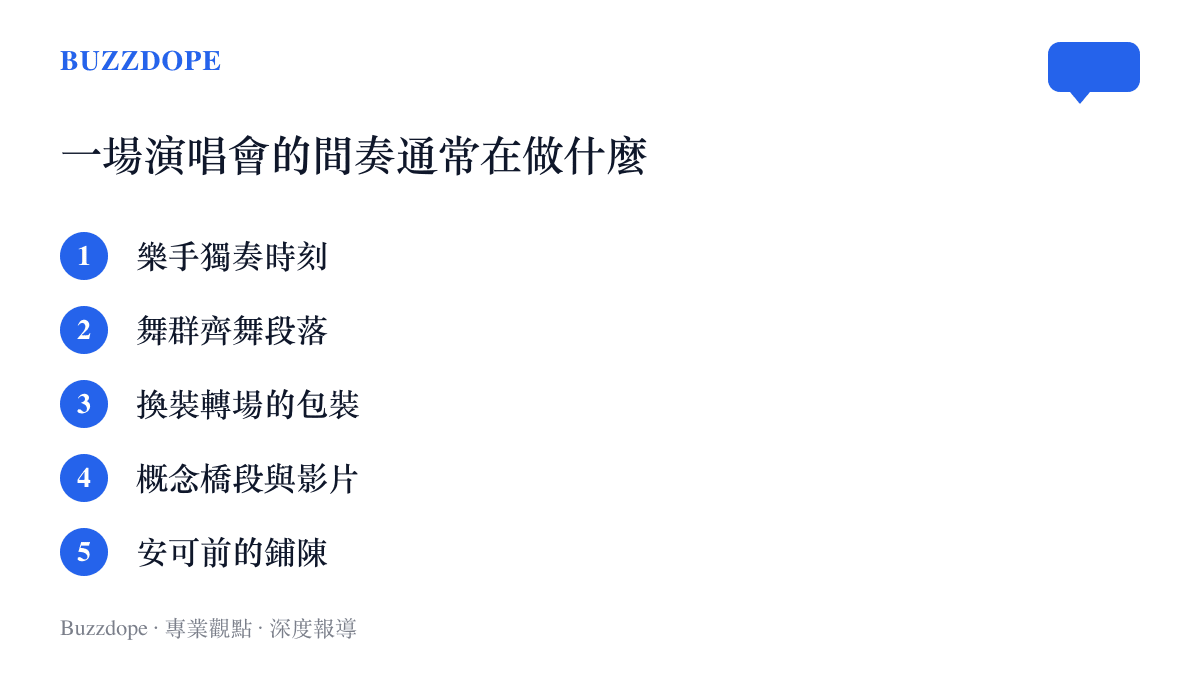 清單列出演唱會間奏的五種常見功能：樂手獨奏、舞羣齊舞、換裝轉場包裝、概念橋段與安可前的情緒鋪陳