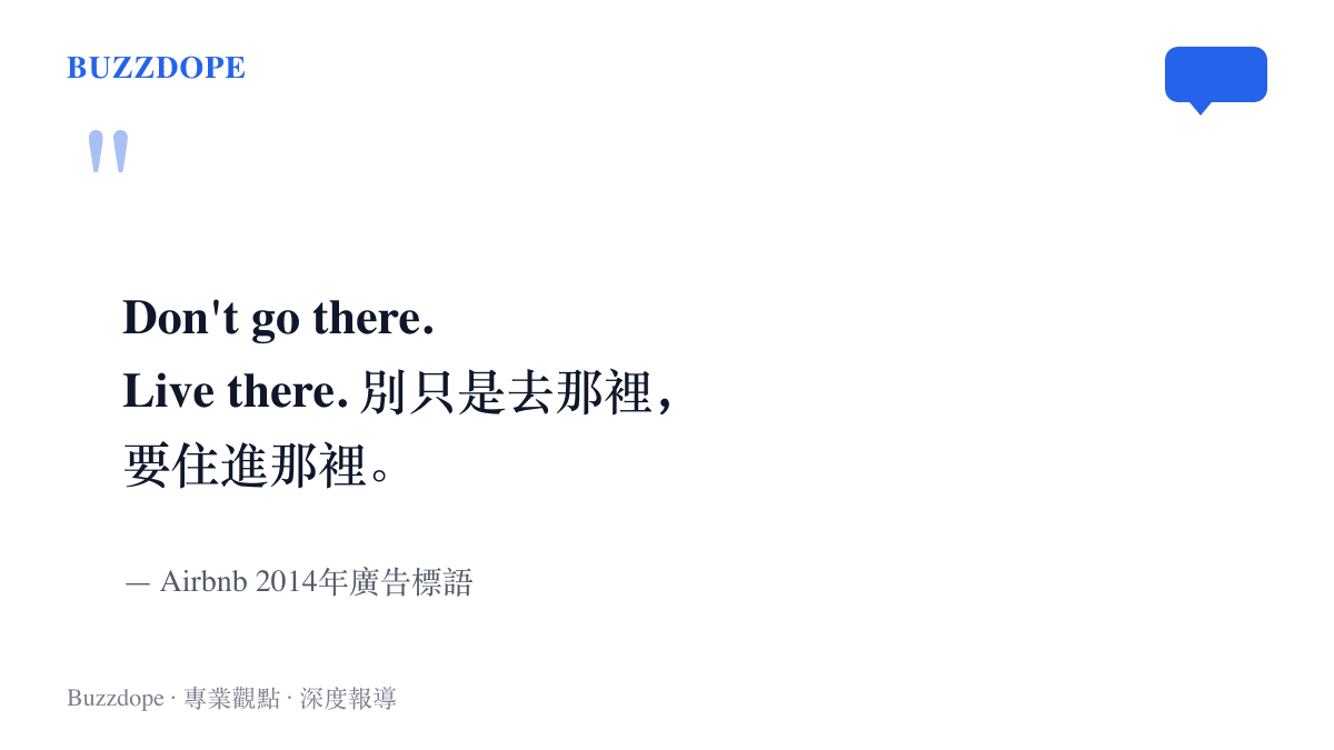 引言圖卡呈現Airbnb於2014年推出的廣告標語Don't go there. Live there.，中文意思是別只是去那裡，要住進那裡