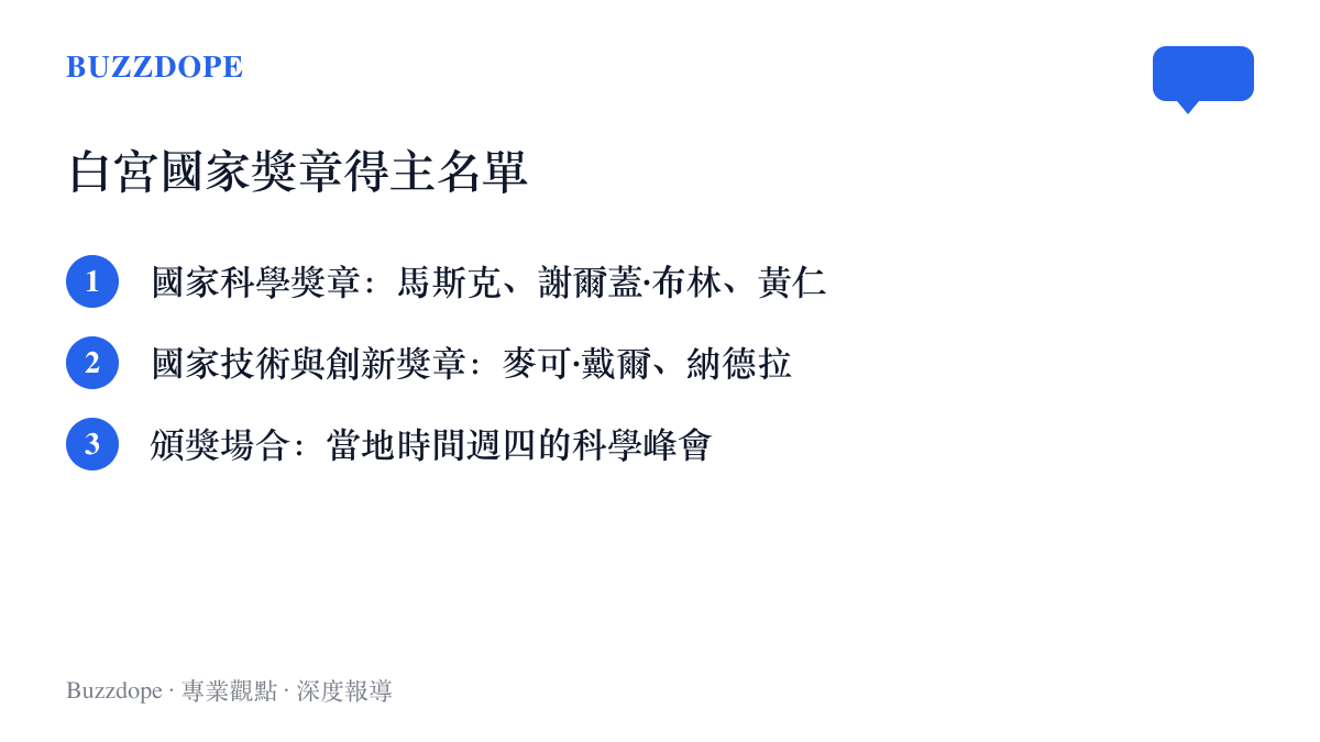 這份名單列出白宮國家獎章得主，國家科學獎章由馬斯克、布林、黃仁勳與蘇姿豐四人獲得，國家技術與創新獎章由麥可·戴爾與納德拉獲得，頒獎場合為週四的科學峯會