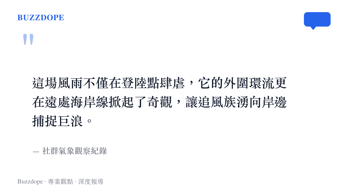 引言圖卡強調颱風紅霞的外圍環流在遠處海岸掀起巨浪，吸引了大量追風族前往捕捉極端天氣的奇觀畫面