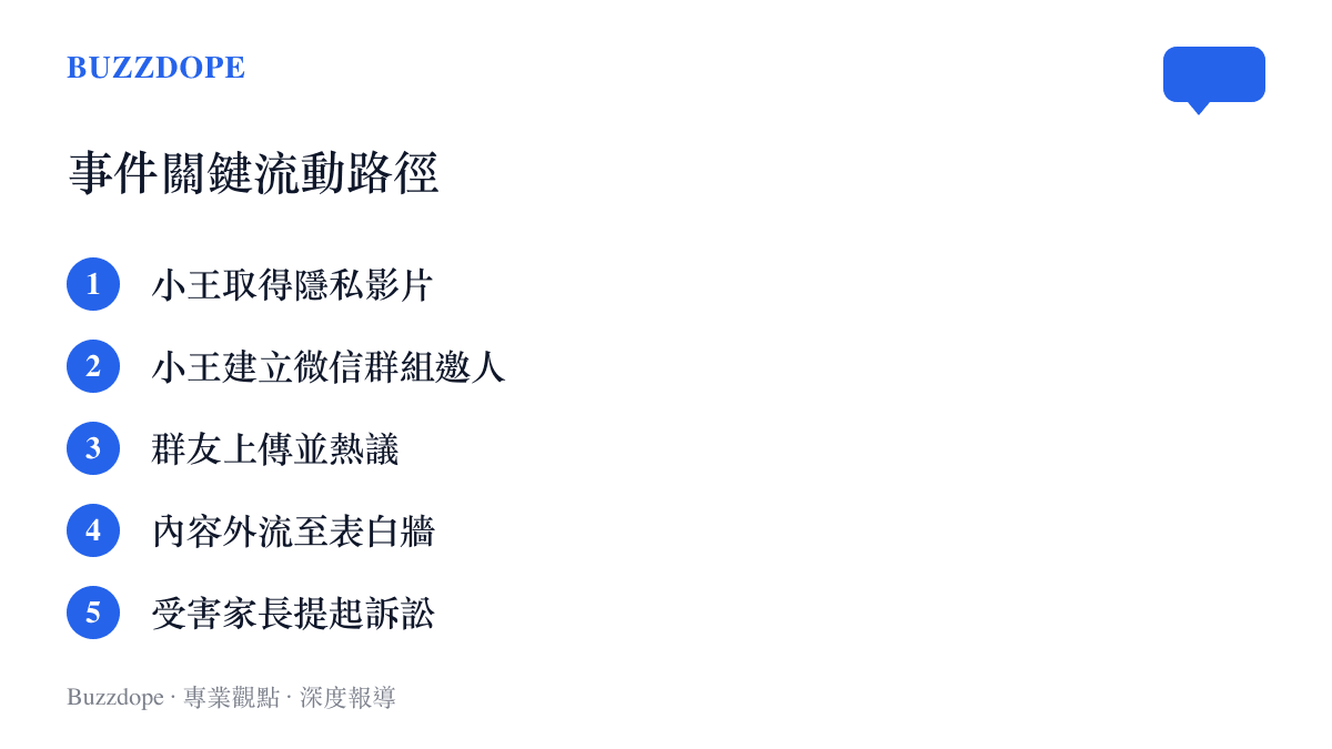 事件流動路徑清單，依序列出從取得影片、建羣、上傳、外流到提告的五個階段