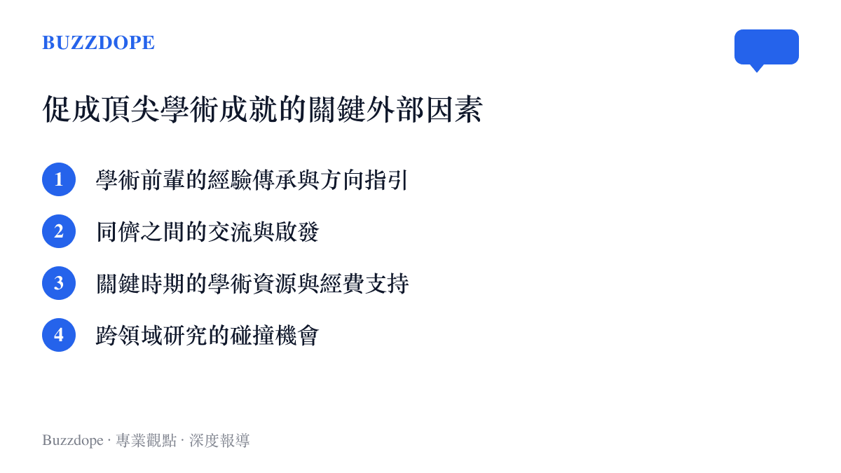 列舉包含學術傳承與資源支持等促成頂尖學術成就的關鍵外部因素清單