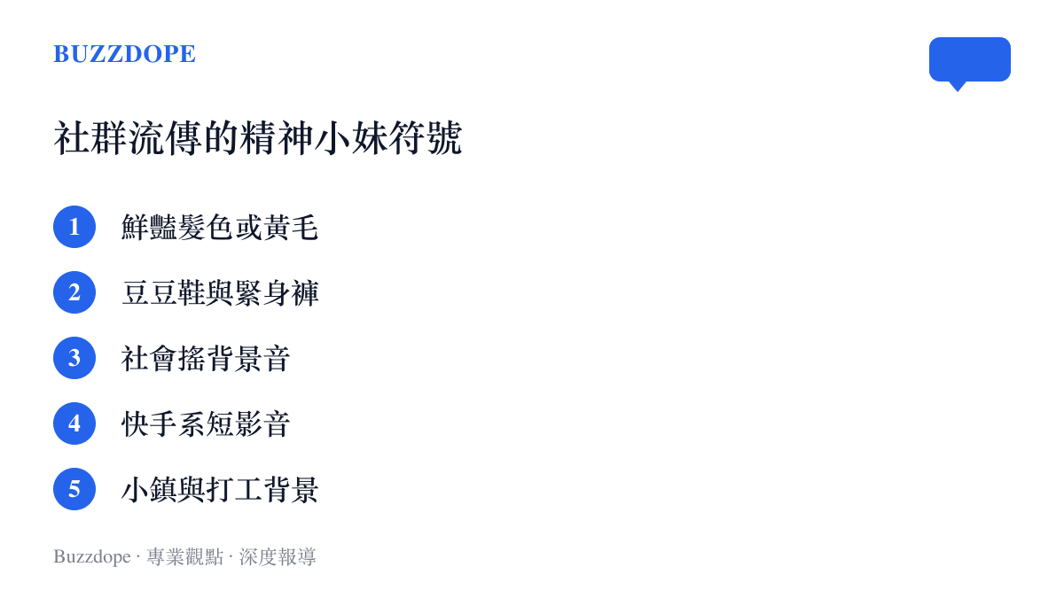 清單圖卡列出精神小妹在短影音文化中被固定的五個符號，包括鮮豔髮色、豆豆鞋與緊身褲、社會搖、快手平臺與小鎮打工背景