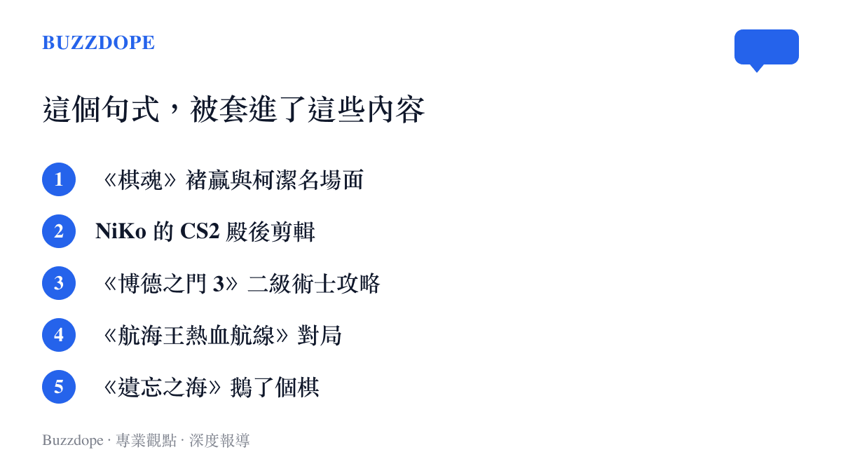 列舉「頑童戲老叟」句式在 2025 年 8 月被套用的內容清單，涵蓋棋魂圍棋剪輯、NiKo 的 CS2 操作、博德之門 3 攻略、航海王熱血航線對局與遺忘之海小遊戲