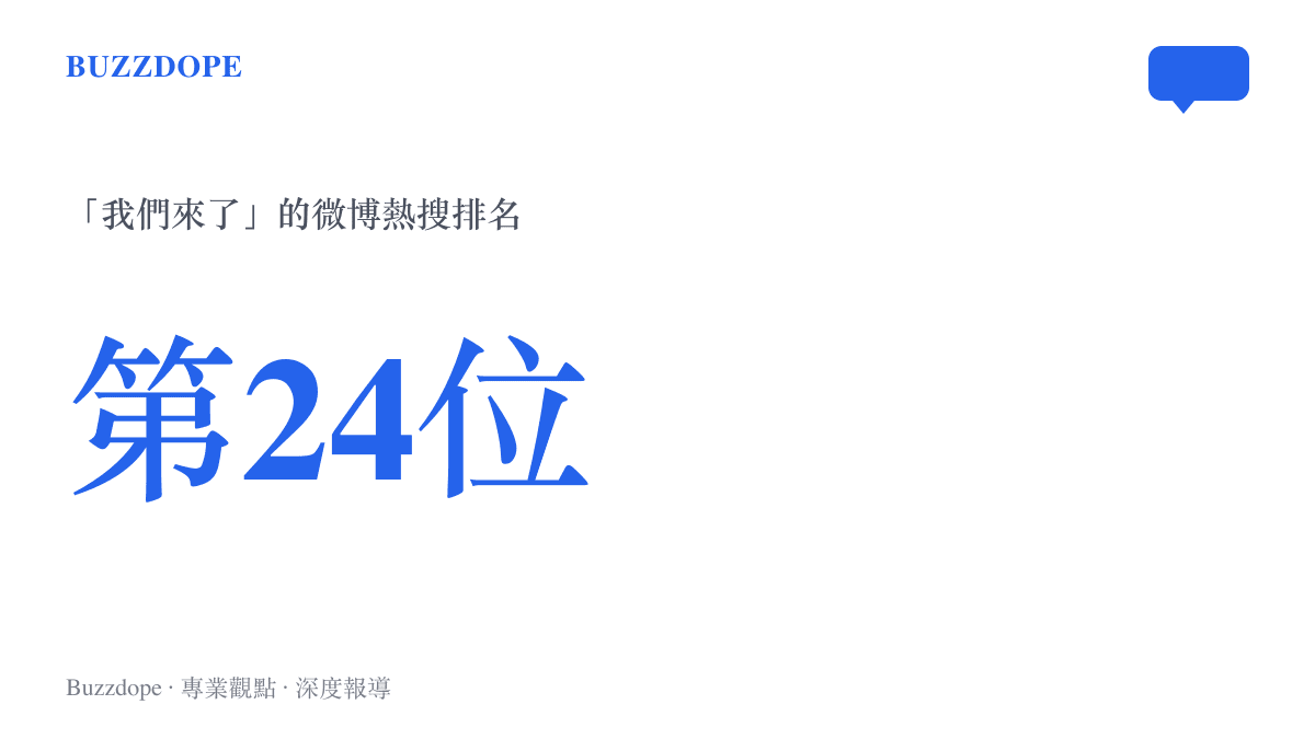 統計圖卡呈現「我們來了」三字話題登上微博熱搜第24位，點出主詞留白的短話題仍取得中段排名的熱度
