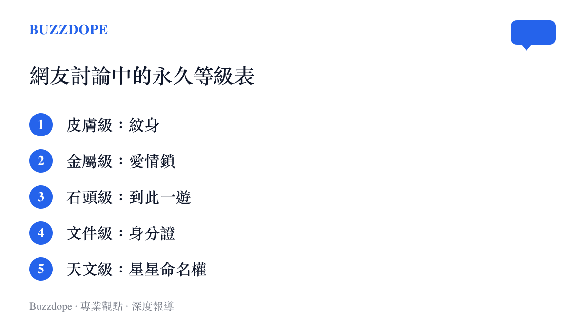 清單圖卡列出網友討論中從皮膚級、金屬級、石頭級、文件級到天文級的五種永久等級候選項目