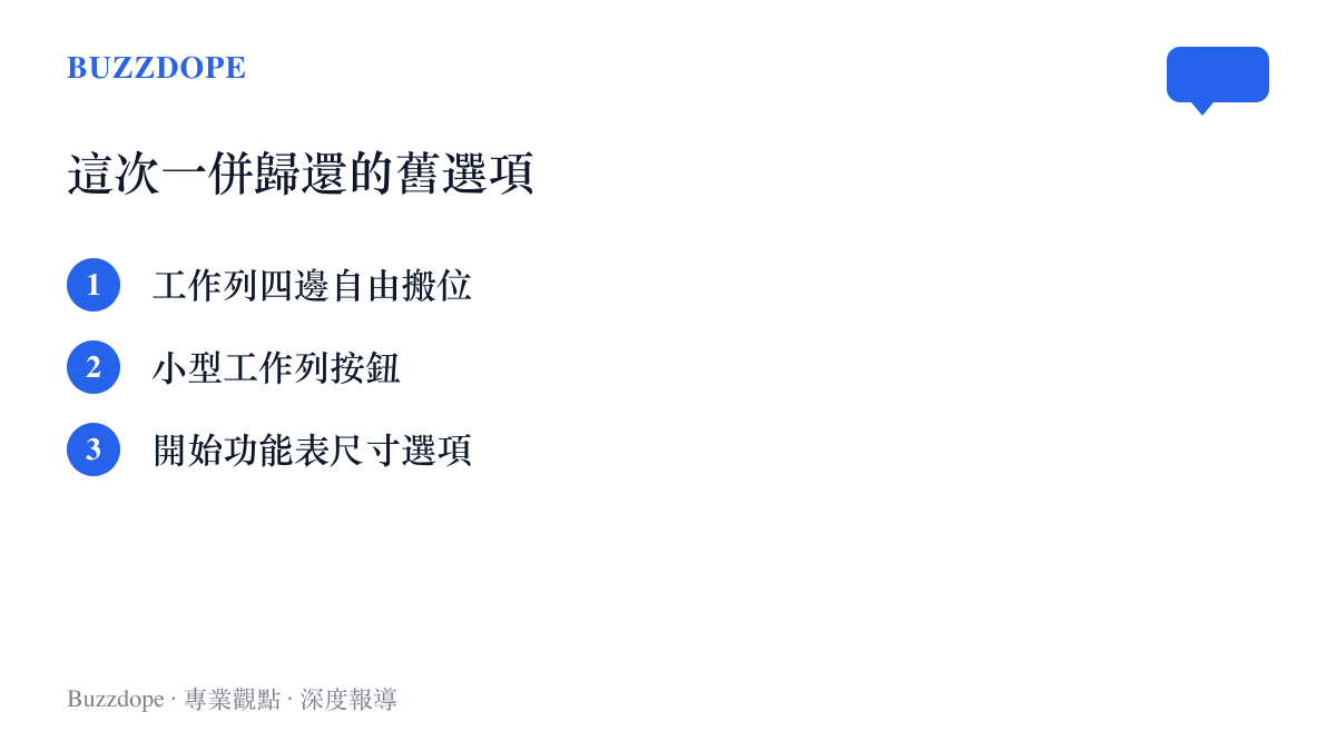 清單圖卡列出 Windows 11 這次更新歸還的三項舊功能：工作列可搬至螢幕四邊、小型工作列按鈕模式，以及開始功能表的大小尺寸選項