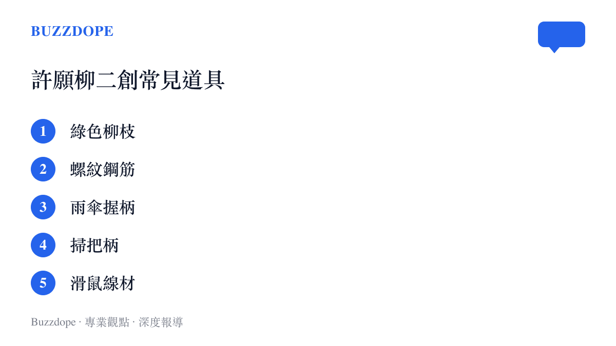 清單圖卡列出網友拍攝許願柳二創影片時常見的五種替代道具