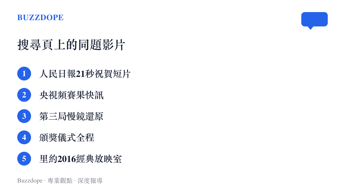 清單圖卡列出B站搜尋中國女排橫掃日本奪冠時前排出現的五類影片，從人民日報祝賀短片、央視頻快訊、第三局慢鏡到2016年裏約奧運經典放映室