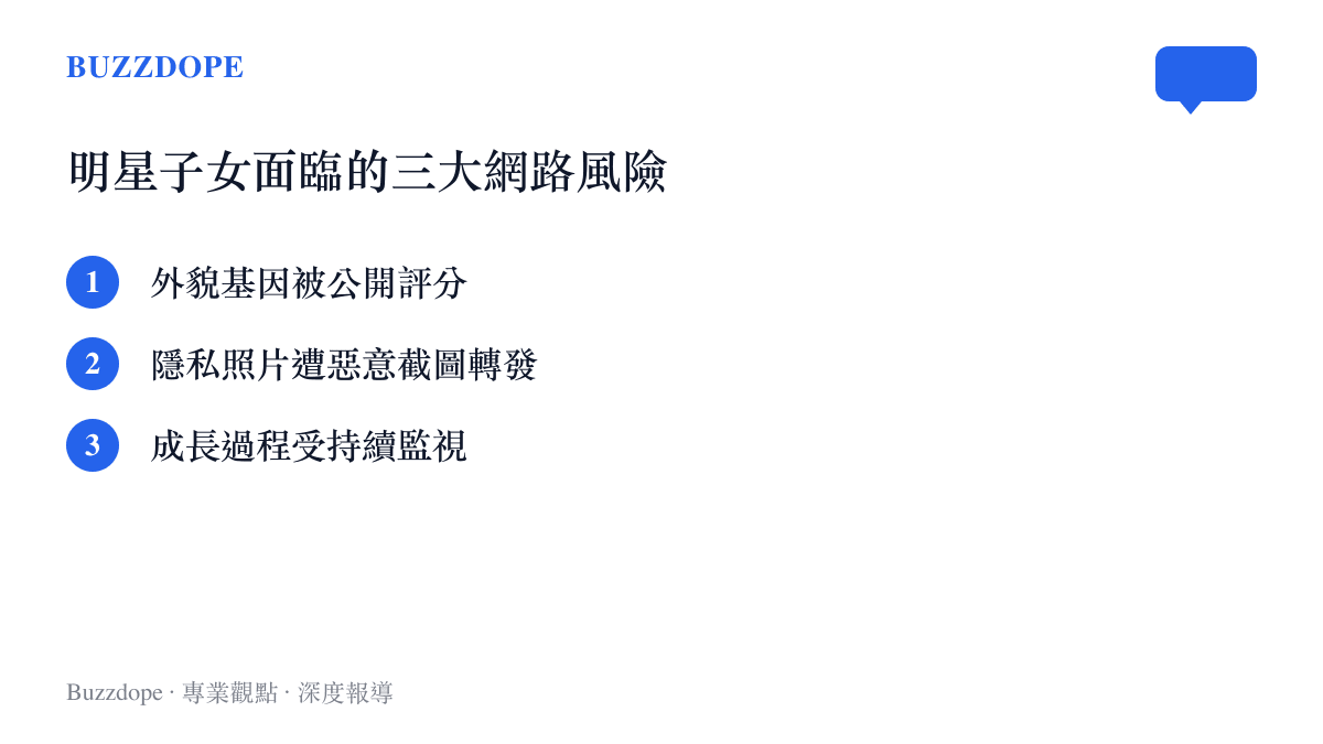 條列式圖卡呈現明星子女在網路面臨的外貌評分、隱私外流與成長監視三大風險