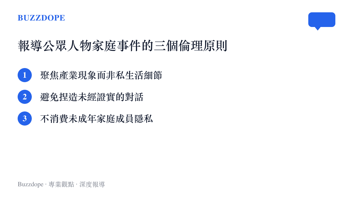 報導公眾人物家庭事件的三個倫理原則列表圖卡：聚焦現象、拒絕捏造、保護隱私